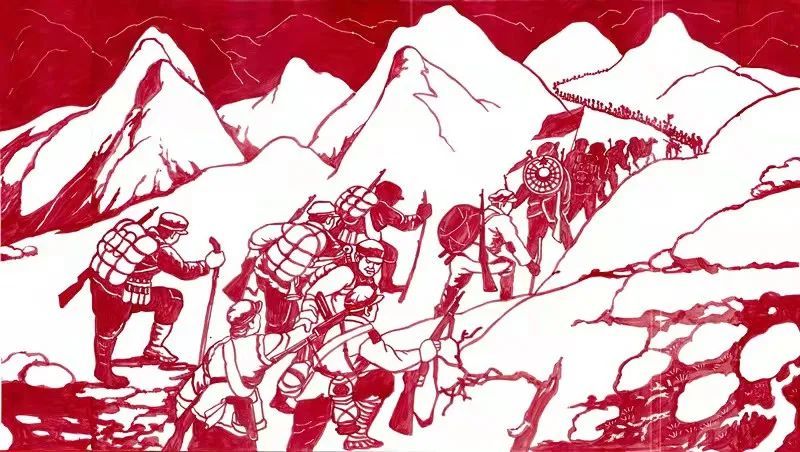 爬雪山(任智需剪纸作品).