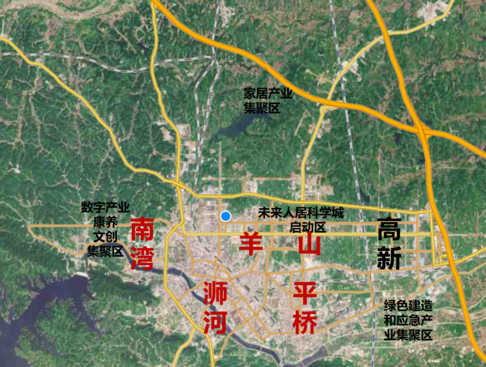 南灣,雞公山為數字產業,康養與文化創意集聚區;高新區,平橋,溮河,羅山