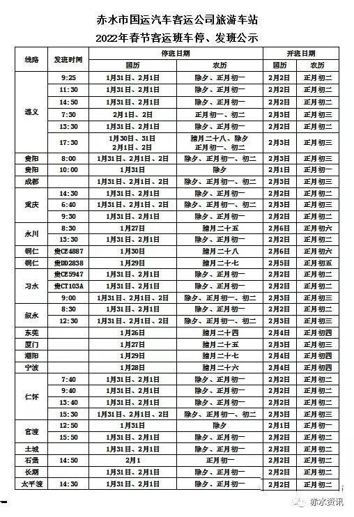 贵州赤水2022年春运客运班车停班路线和时间信息及恢复发班信息