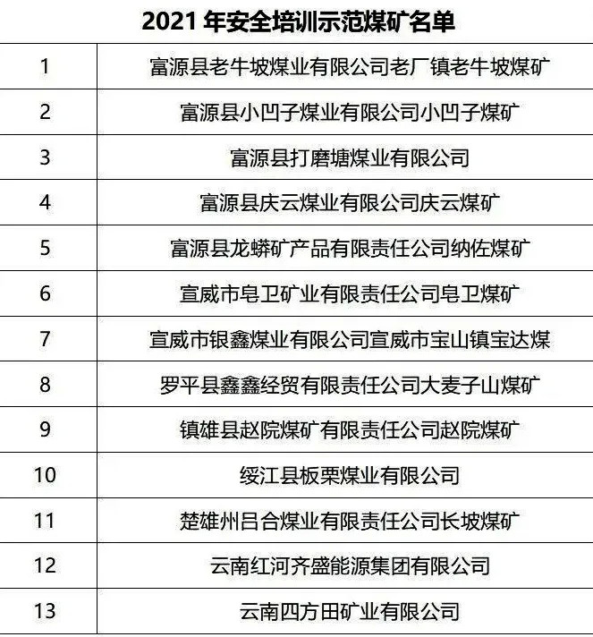 对富源县老牛坡煤业有限公司老厂镇老牛坡煤矿等10家安全培训示范煤矿