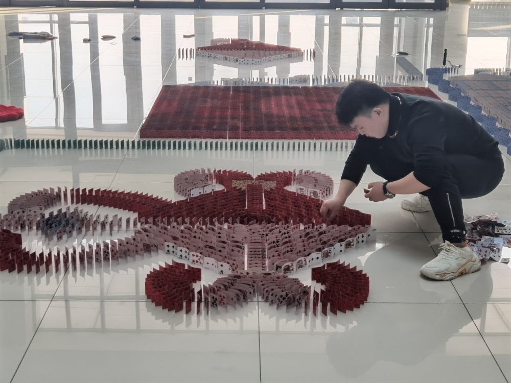 爱摆牌的龙龙献艺手机春晚多米诺扑克牌摆出世间万千精彩