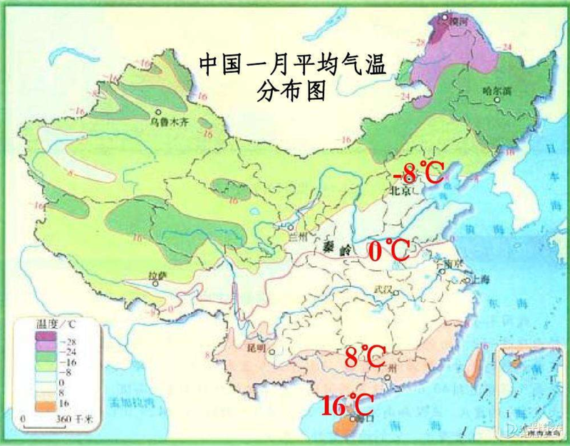 大家可以看看下方的一月平均气温分布图,我国东北,华北,高原地带毫无