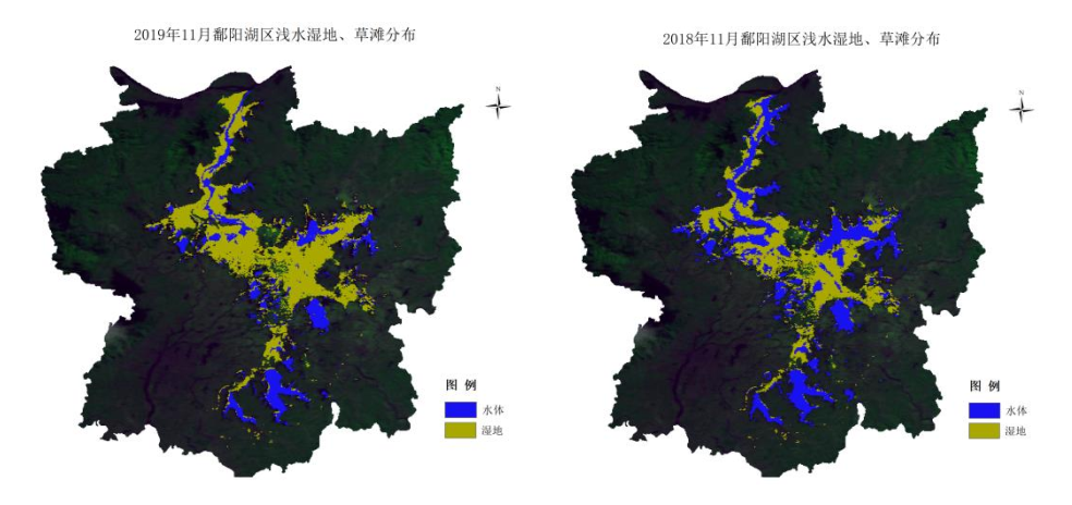 2019 年11 月(左)与 2018 年 11 月(右)鄱阳湖区浅水湿地,草滩面积