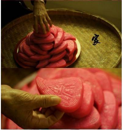 现在制作红桃@,多是以糯米粉为主料,配以广东河粉,或者是煮熟的面条