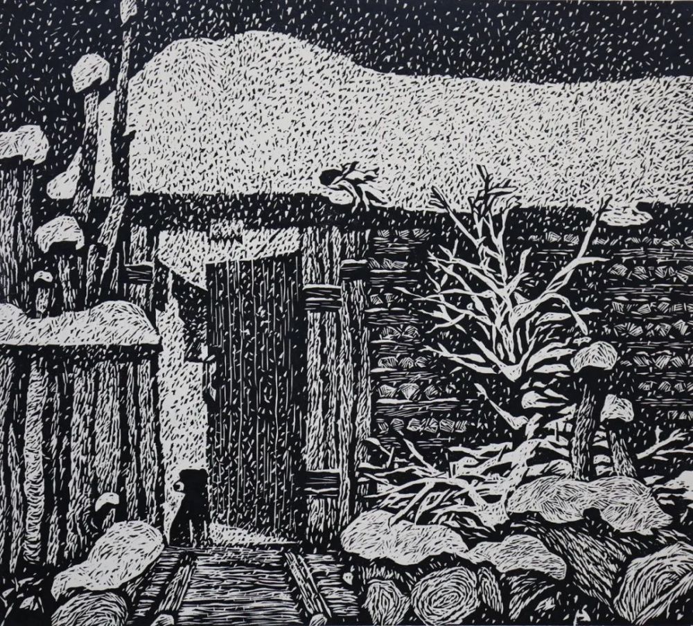 6cm 1995年李荣洲 雪夜护萍 版画 52cm×46.