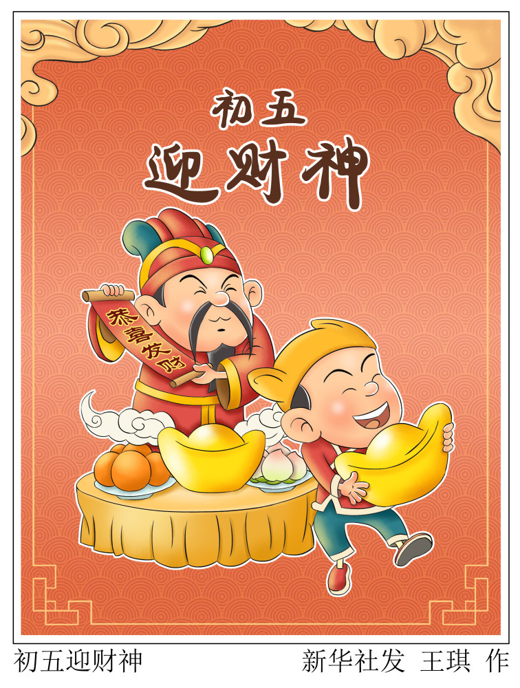 图表漫画春节年俗初五迎财神