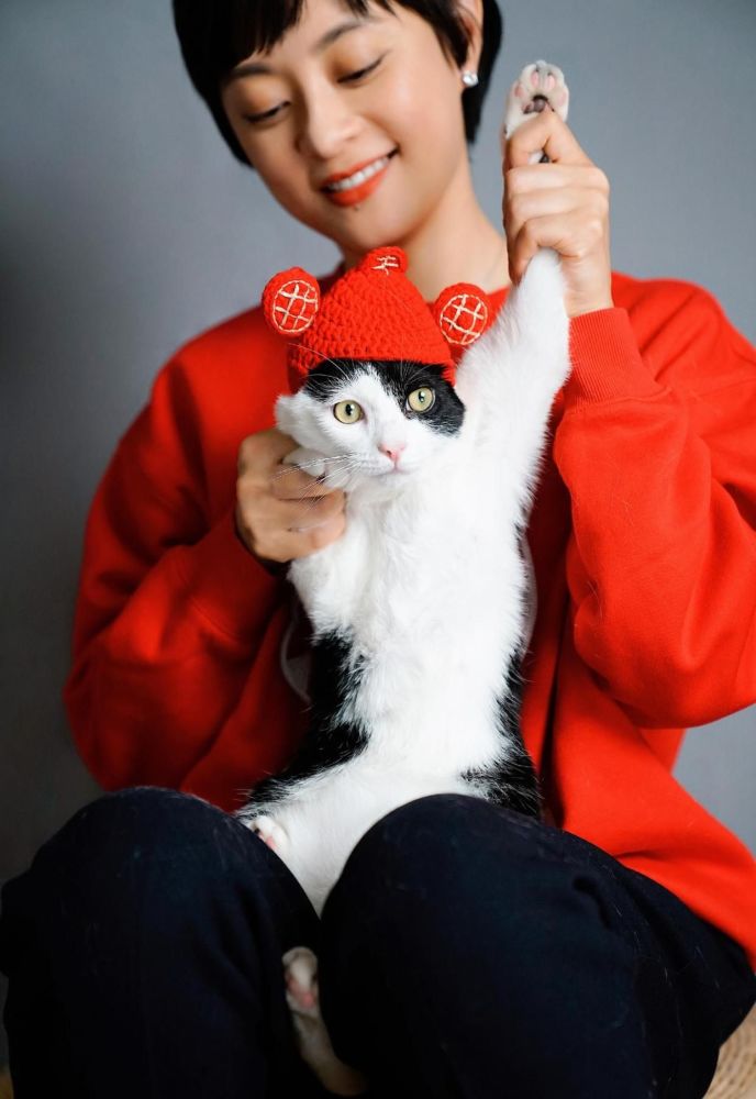 孙俪拍新年照真会玩，穿红衣配黑裤抱猫咪摆造型，喜庆洋气还减龄英语流利说公司待遇怎么样
