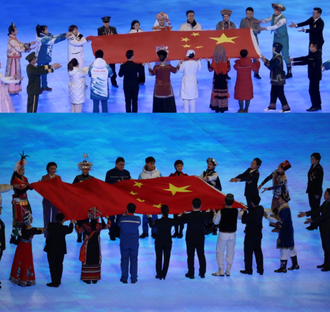 随后,100多位各领域优秀人物和56个民族代表共同传递国旗的一幕,更是
