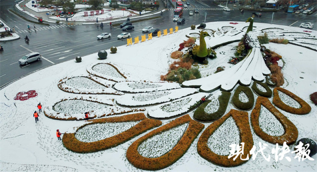 南京鼓楼广场孔雀绿雕雪融融五彩轮廓清新动人