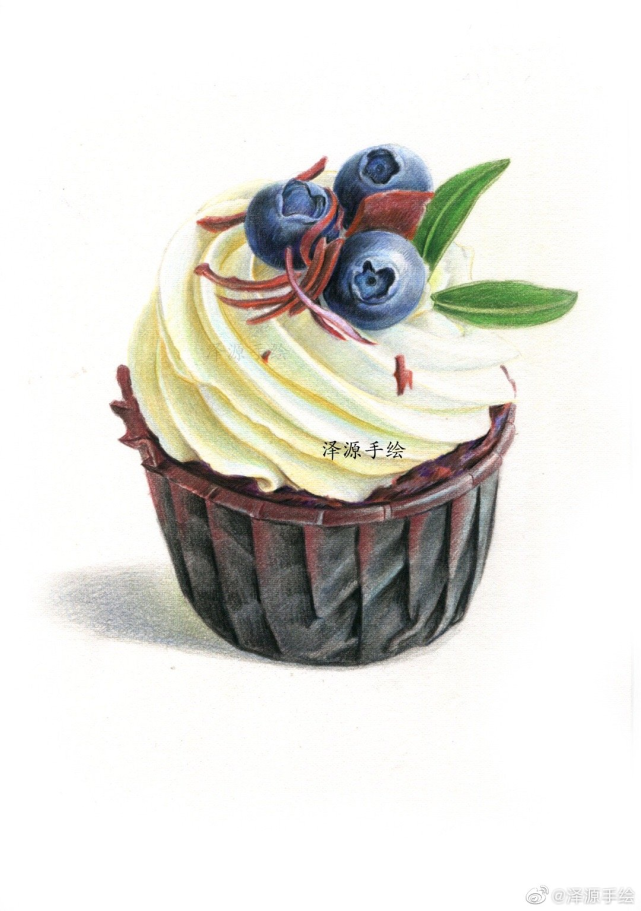 手绘过程彩铅蛋糕杯绘之蓝莓甜品作者泽源手绘