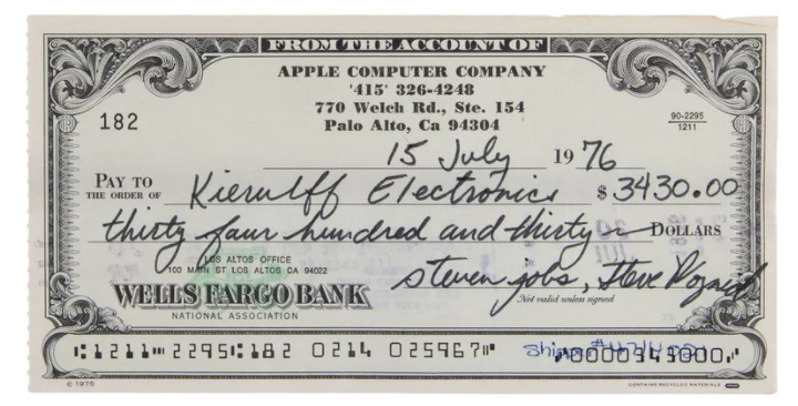 至少14万多！苹果电脑公司早期支票将拍卖：乔布斯亲笔签名迈格森地址