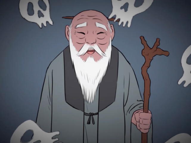 "白粉"精又变成白发苍苍的老公公手里拿着"邮票"前来试探几位长老