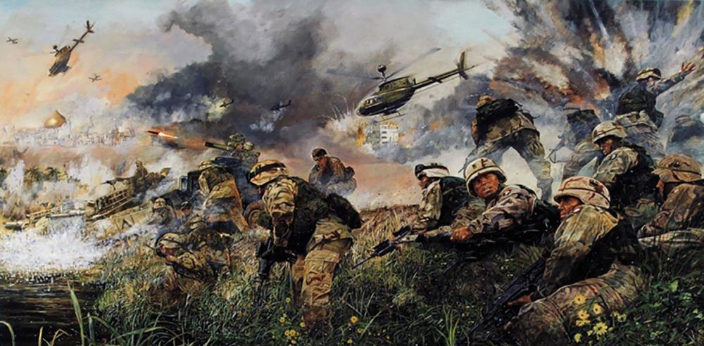 天空,海上向敌军狂轰滥炸,整个战场犹如修罗地狱,四处都是枪林弹雨