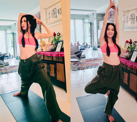 56岁温碧霞豪宅内健身!穿运动内衣身材丰腴,蛮腰纤细裤头大一圈