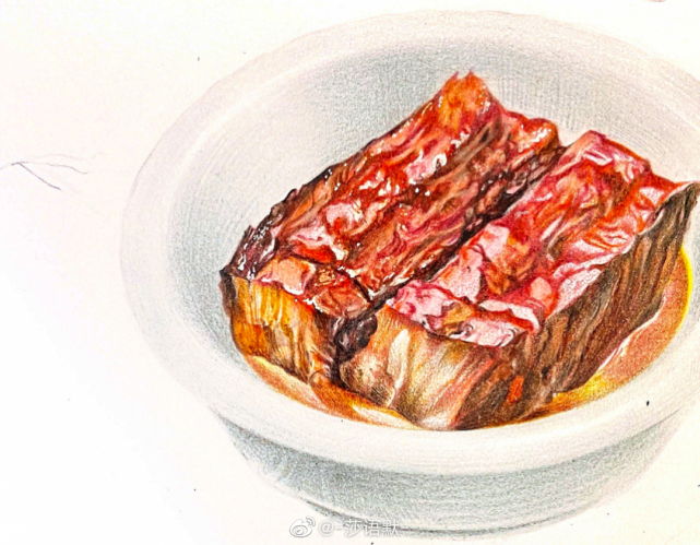 美食绘彩铅蜜汁叉烧肉绘画过程画师莎语默