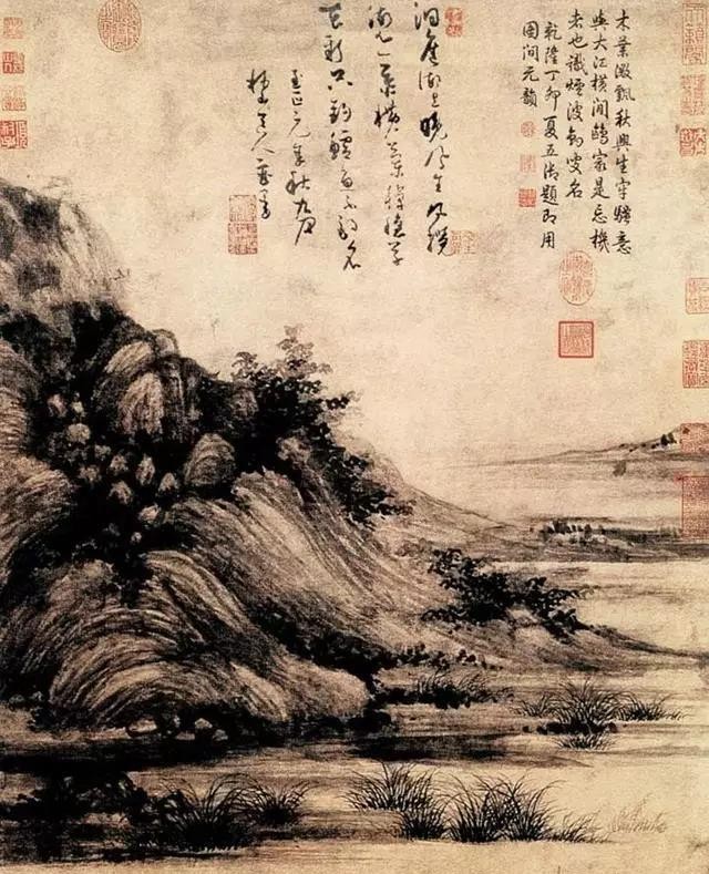 《洞庭漁隱圖》描繪嘉興東洞庭的湖山景色,秋巒蔥鬱,長鬆勁拔,漁舟