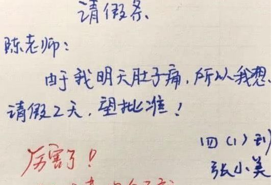 小學生請假條有貓膩明天肚子痛也知道老師看後笑笑不說話