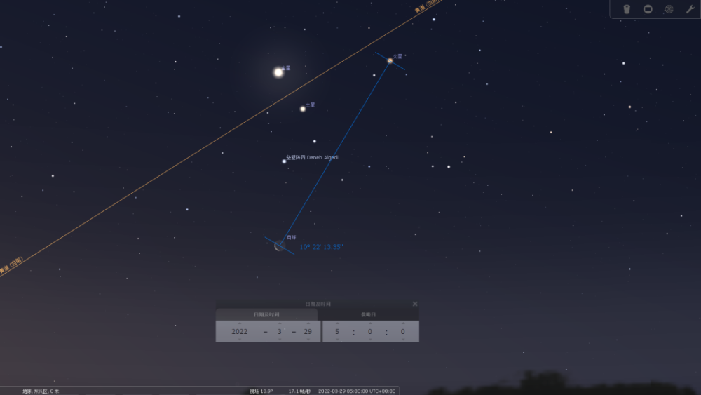 2022年3月29日5時左右月亮與金星,火星,土星的位置關係(來源:水兄