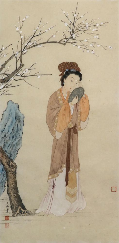 4cm看到这幅画就想到《木兰辞》中的一句"对镜贴花黄,一仕女手持铜镜