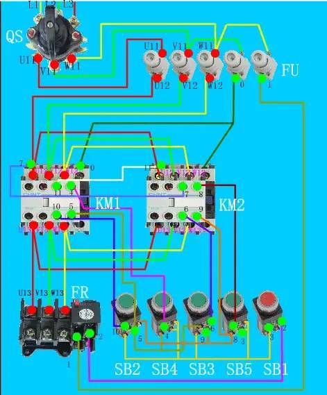 電工混合電路雙重互鎖正反轉電路原理圖實物接線圖