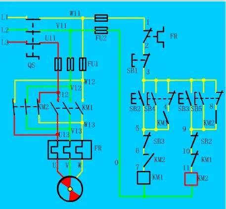 電工混合電路雙重互鎖正反轉電路原理圖實物接線圖