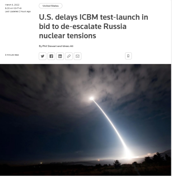 自诩“负责任核大国”，美宣布推迟导弹试射给俄“做榜样”引嘲讽您乘坐的2019