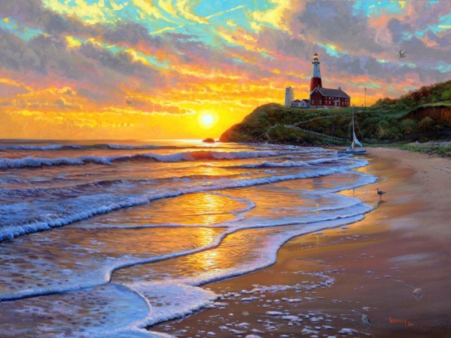 浪漫温馨的画面美极了的日出日落海景油画