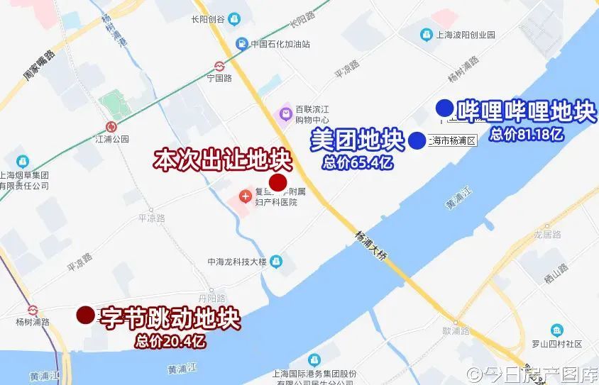 值得注意的是,美团,哔哩哔哩,字节跳动三家互联网大厂已在杨浦滨江拿