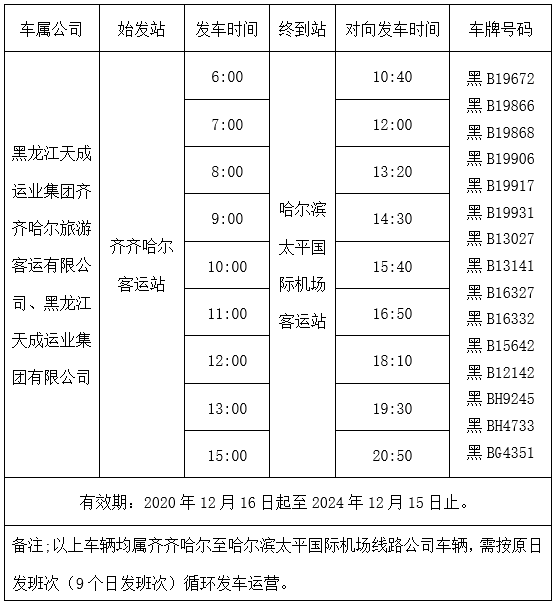 齊齊哈爾至哈爾濱機場客運線路有變