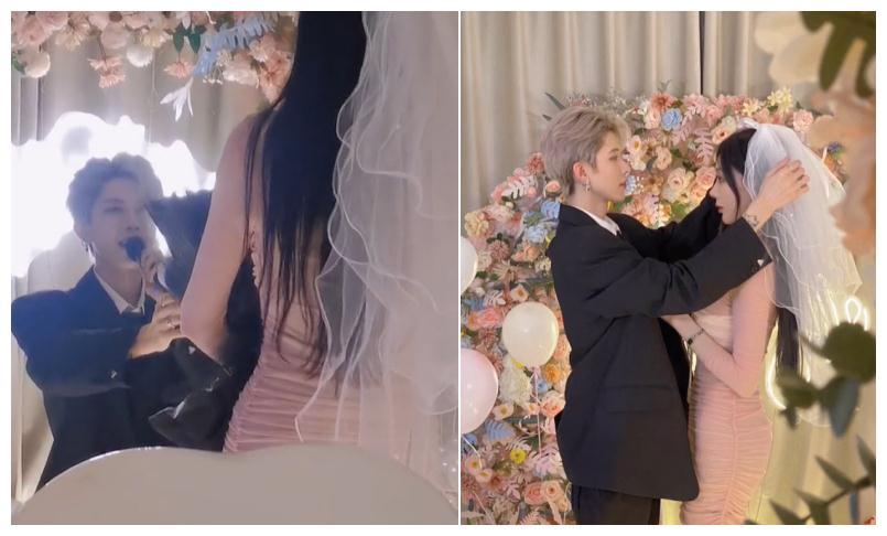 alex求婚时单膝跪地,为一雯白送上了鲜花,眼神包含深情地说着情话