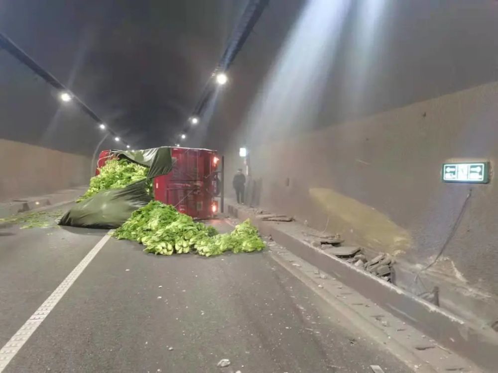 民警到达现场后看到,一辆四川牌照轻型货车侧翻在高速公路上,货车上