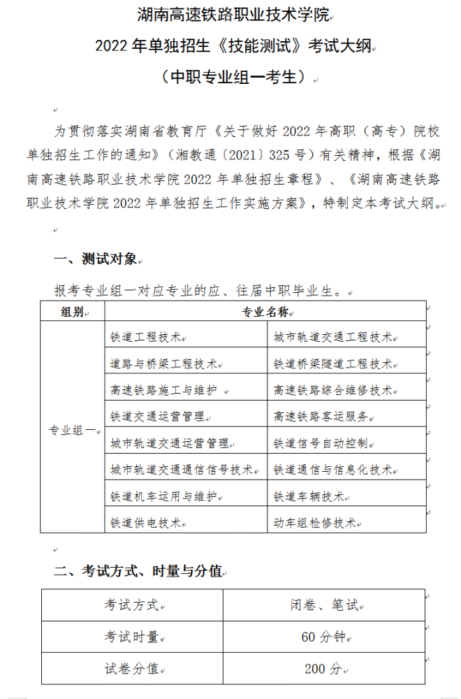 湖南高速鐵路職業技術學院2022年單招考試大綱