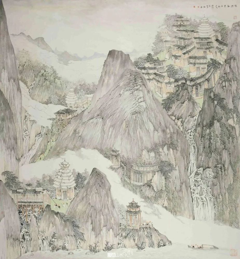 国画天地清明透明钟涛山水画