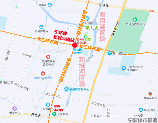 新城大道站正好處在慈溪兩大城市新區——新城河區塊與明月湖區塊的分