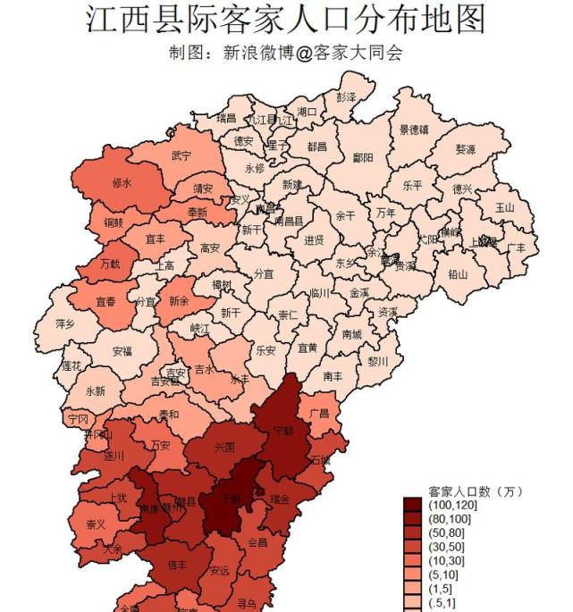 也有很多客家人,上图展现了江西的客家人分布,可以看到,除了赣南地区