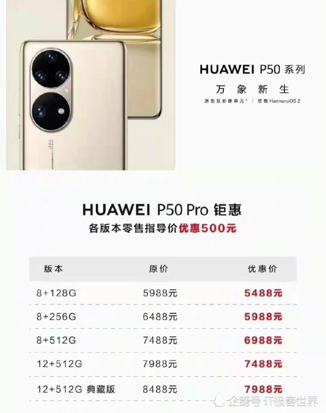 顶级旗舰华为p50 pro迎来全系直降500,标配版机型到手价仅为5488
