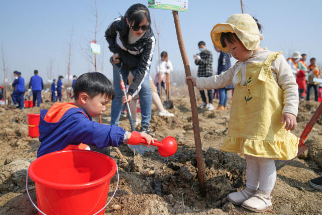 3月11日,在合肥滨湖国家森林公园,两名小朋友在家长带领下栽种树苗.