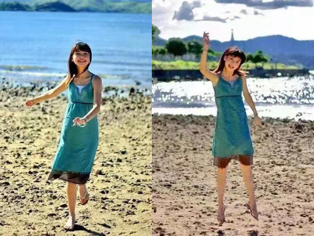 杨颖在湖边拍摄大片穿吊带裙搭配人字拖笑容满面活力四射