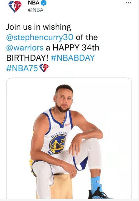 nba官方祝库里34岁生日快乐 追梦明日复出勇士终迎完全体