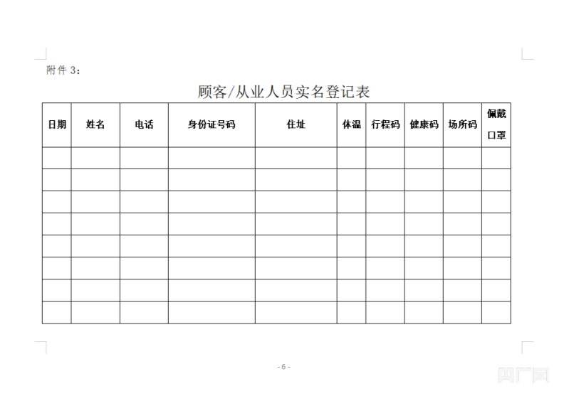 顧客/從業人員實名登記表2.疫情防控要求1.