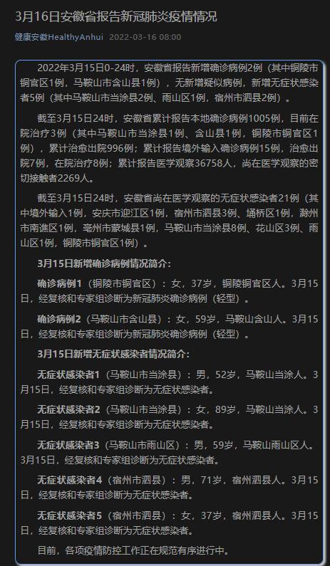 安徽新增确诊病例2例新增无症状感染者5例详情公布