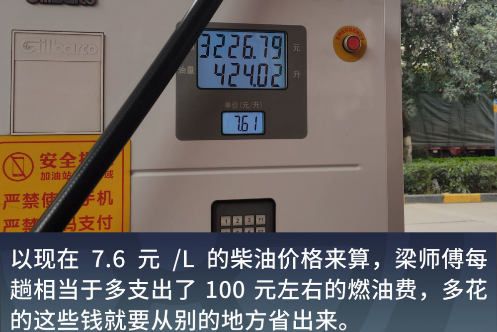 6元/l的柴油价格来算,每趟相当于多支出了100元左右的燃油费,多花的