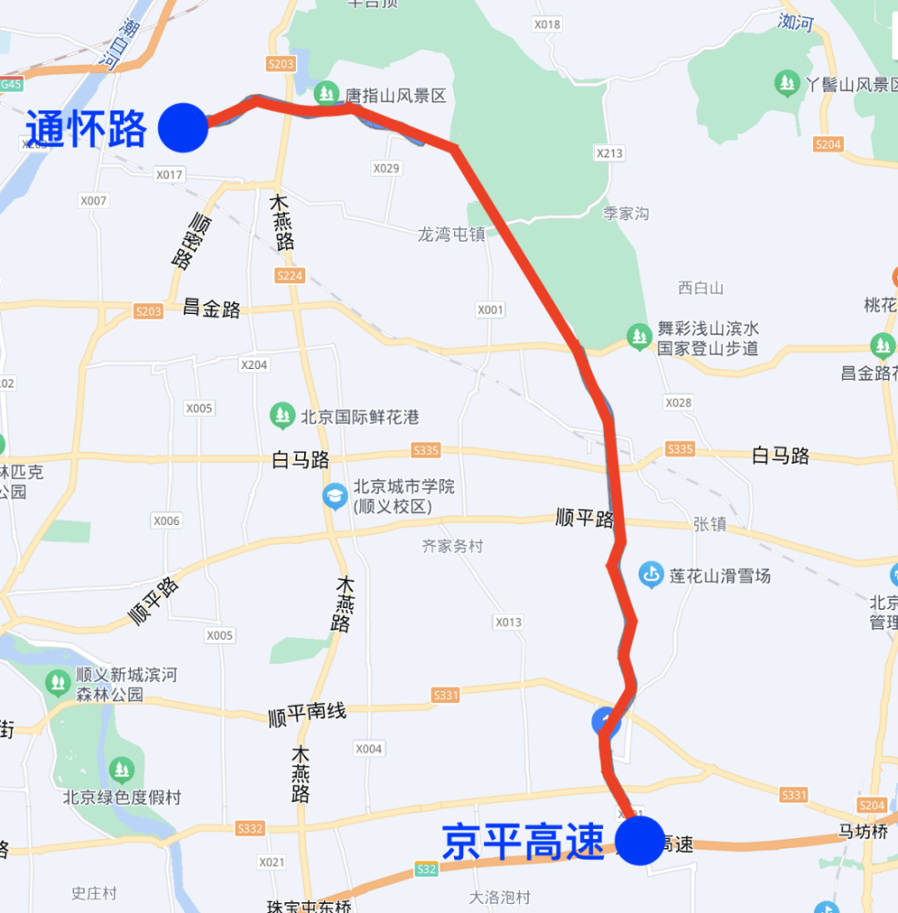 顺义区木孙路向北到通怀路,向南到京平高速,全长34公里,中途与顺平