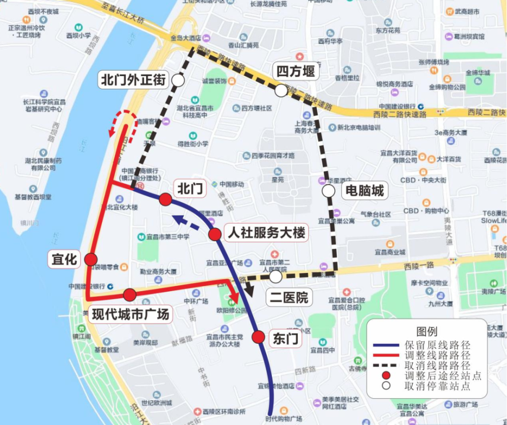 东门站,步行街站,夷陵饭店站,临时增加珍珠路站,古佛寺站