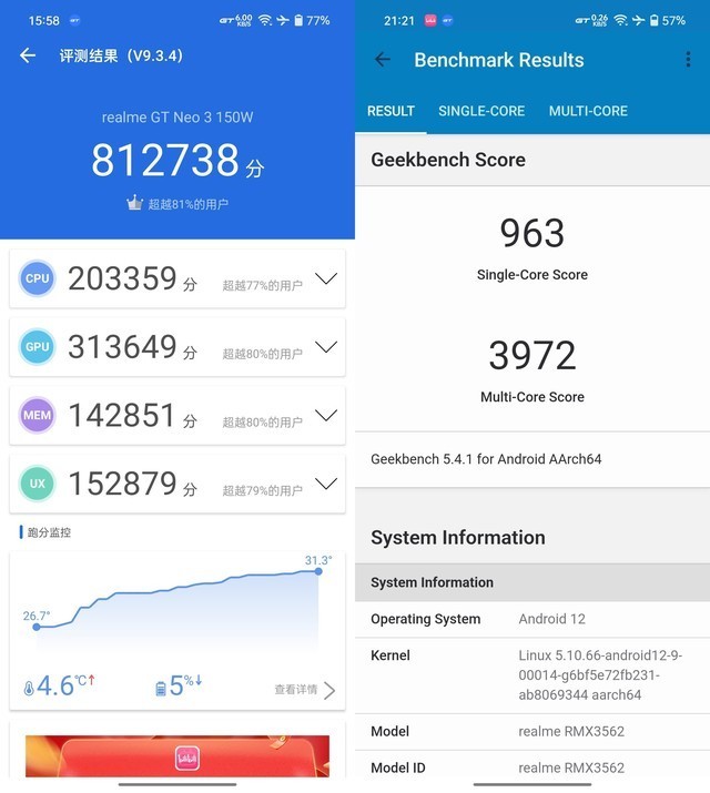 根据实测结果,搭载天玑8100处理器的真我gt neo3安兔兔跑分成绩为8127