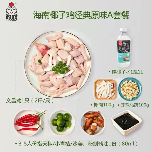 a)套餐二基础套餐可随个人喜好增加配料1-3人份(文昌鸡1斤装 纯椰子水