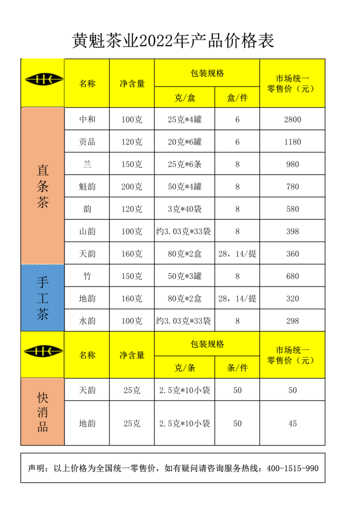 黄魁茶2022年产品目录和价格表