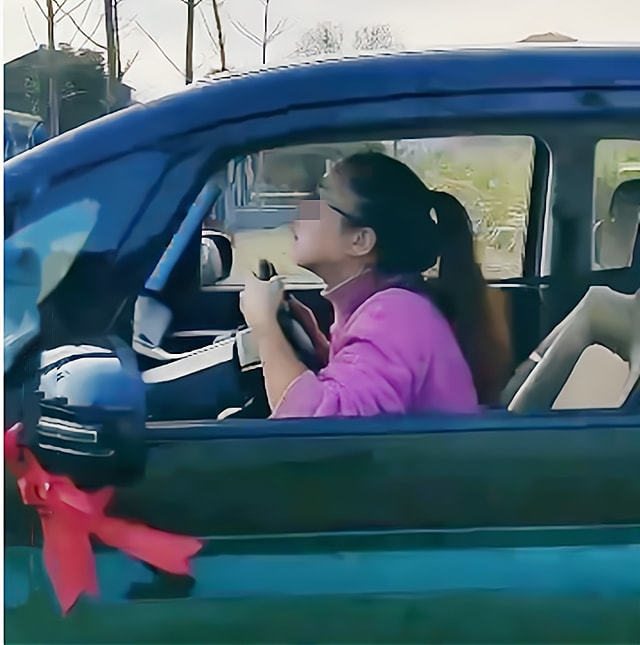 浙江一新手女司机上路车后挂超大实习牌看到开车姿势后明白了