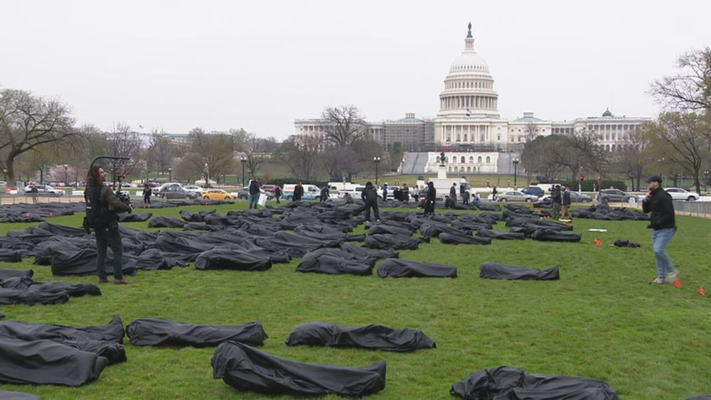 为呼吁控枪华盛顿国家广场上摆了1100个裹尸袋