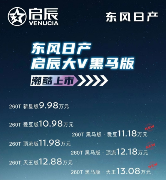 东风启辰大V黑马版上市：新车共推出3个版本售价11.18~13.08万